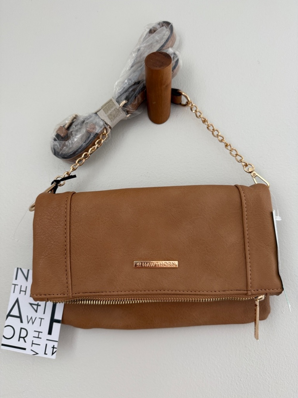 Hawthorn Cognac Faux Leather Crossbody Bag with Chain Detail